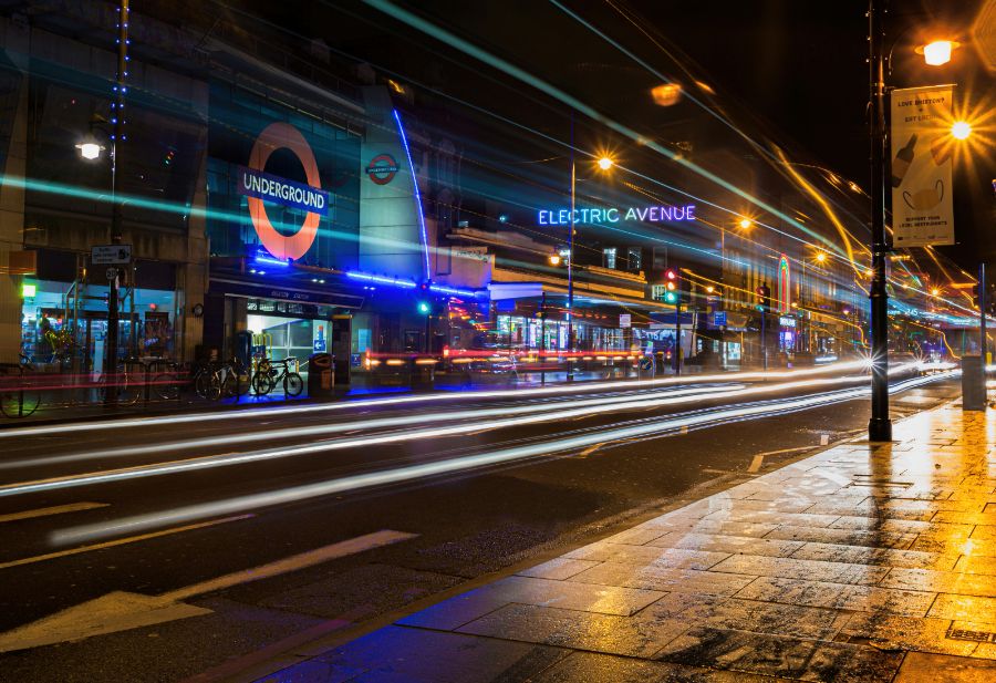 Urban regeneration: street and buildings at dusk